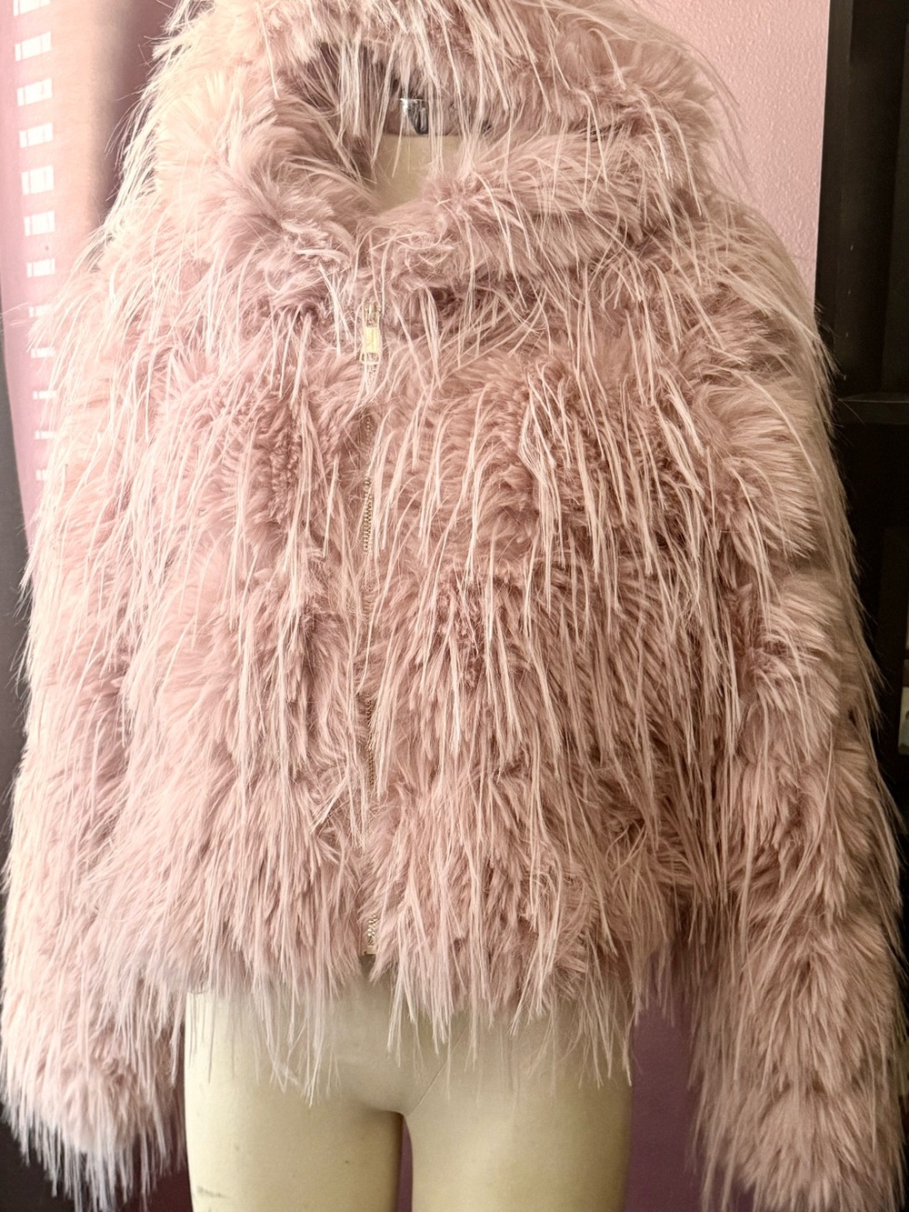 Pink Faux-Fur Bomber Jacket - Women's Cozy Statement Coat - Picture 4 of 7